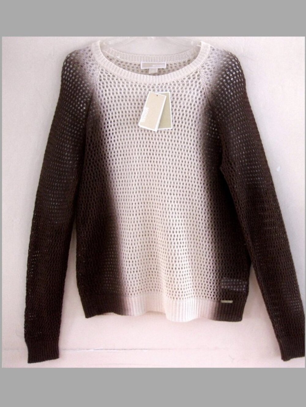 NWT Michael Kors Brown ombre sweater L Long $150 Cotton bl Open knit Layer Beige